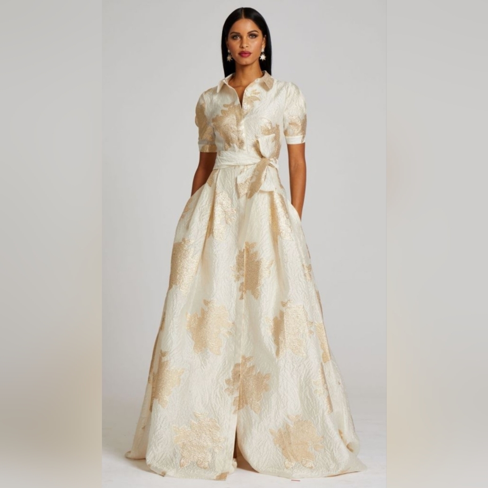 Chic Cream and Gold Maxi Dress Metallic Organza Shirtdress Gown